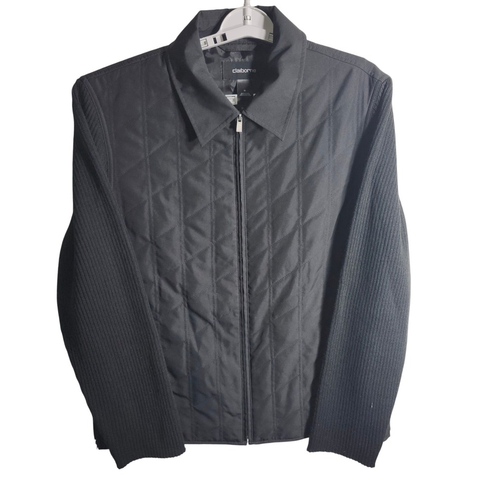 Liz Claiborne Quilted Jacket Knit Sleeves Full Zip Black Size M